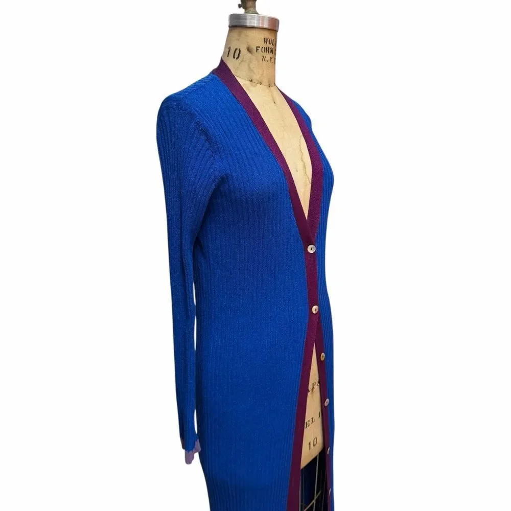 Zara Knit Blue Long Cardigan with Burgundy Trim Size M